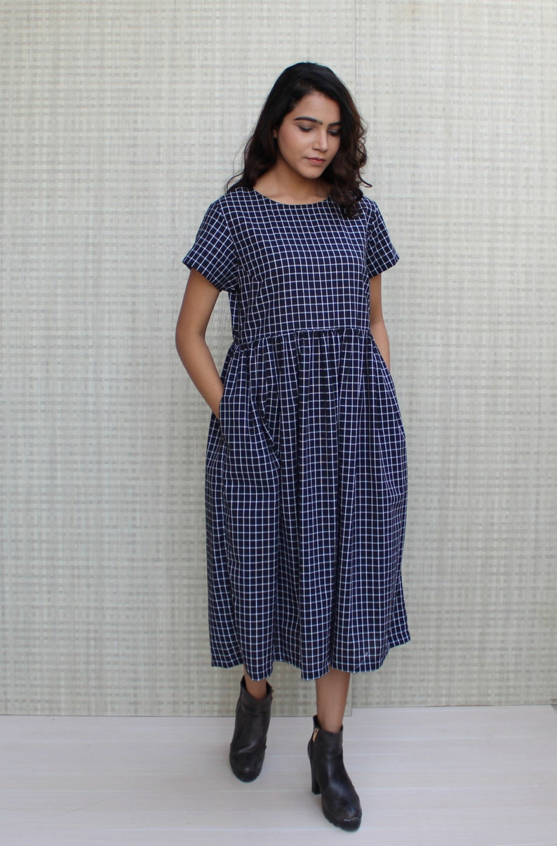 short sleeves black checkered eco-friendly, natural soft linen smock tea dress in midi length