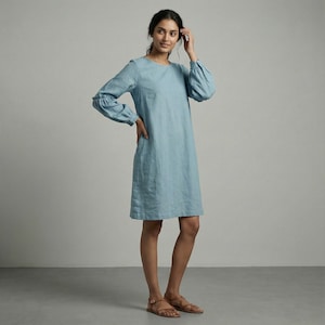 cotton shift dresses knee length Brown Cotton Linen Yoked Knee Length Shift Dress 26" / Tall (5'7" and above)