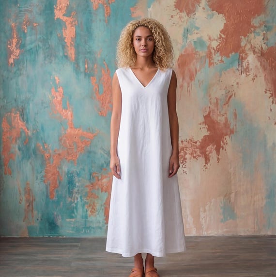 Sleeveless Linen Ankle Length Dress With V-neckline and Deep Back, Summer Dress Without Pocket, Sleeveless Casual Dress, 35 Colors Available