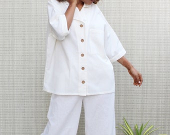 Lounge Wear Linen pajama set, Comfortable pants, Oversized Collared Shirt, Linen sleep pj's, Made to Order just for you, Anti-fit outfit