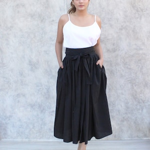 Summer Cotton Skirt, Casual Loose Skirts, Pleated Elastic Waist Skirt, Flared Maxi Skirts, Customized Plus Size Skirt, Black Linen Skirt image 3