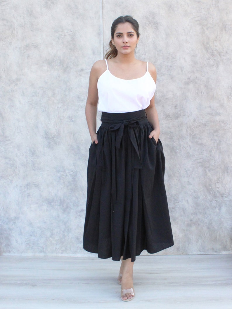 Summer Cotton Skirt, Casual Loose Skirts, Pleated Elastic Waist Skirt, Flared Maxi Skirts, Customized Plus Size Skirt, Black Linen Skirt image 3