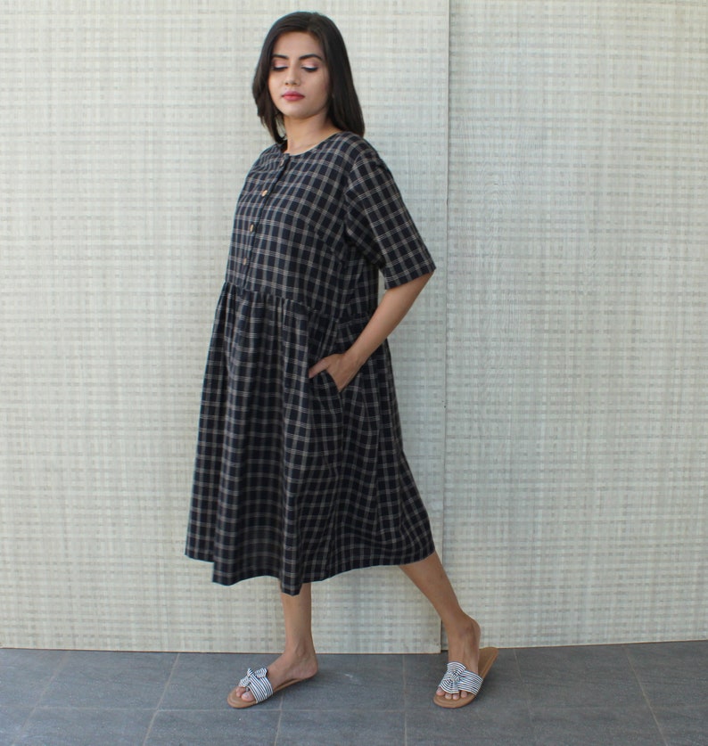 Black checkered classic minimal  half sleeves soft linen cotton blend dress with functional buttons nursing friendly
