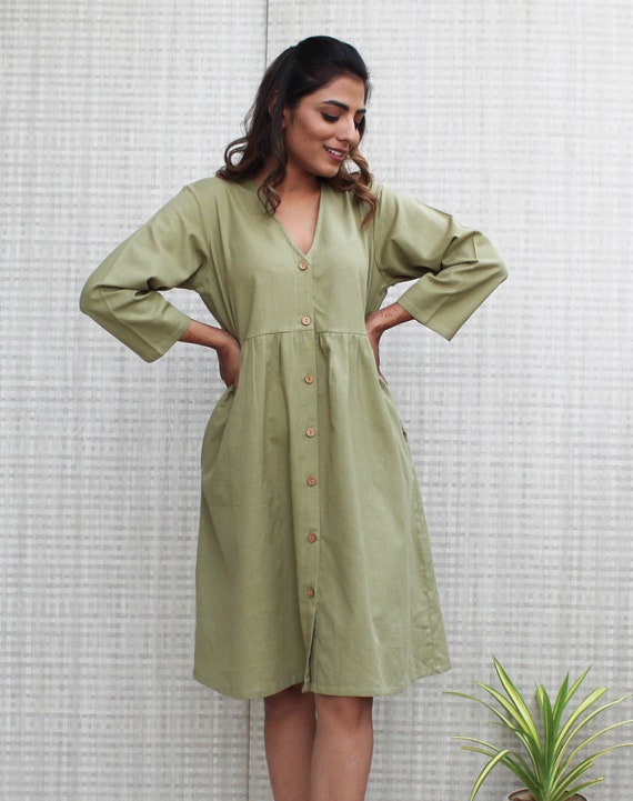 Linen Dress, Button up Linen Tunic Dress, V-neck Linen Dress