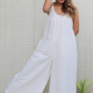 White loose wide leg soft linen sleeveless dungaree dress sexy sleepwear