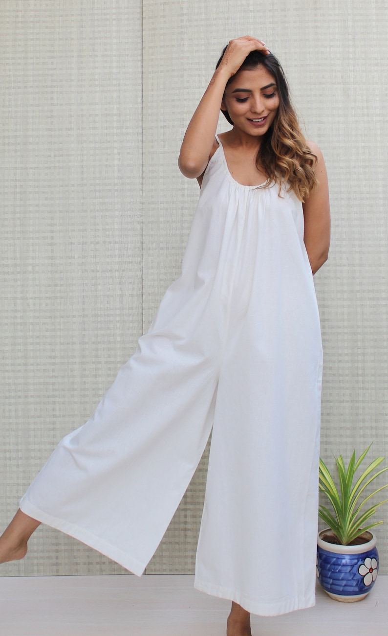 White loose wide leg soft linen sleeveless dungaree dress sexy sleepwear