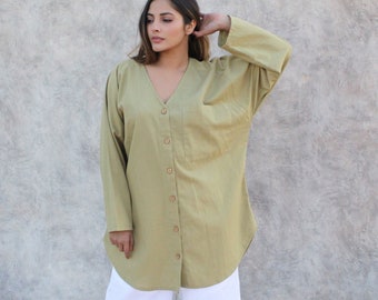 V-Neck Button up Shirt, Long Loose Linen Shirt with Pocket, Drop Shoulder Linen Blouse in Full Sleeves, Oversize outfit for Women New2style
