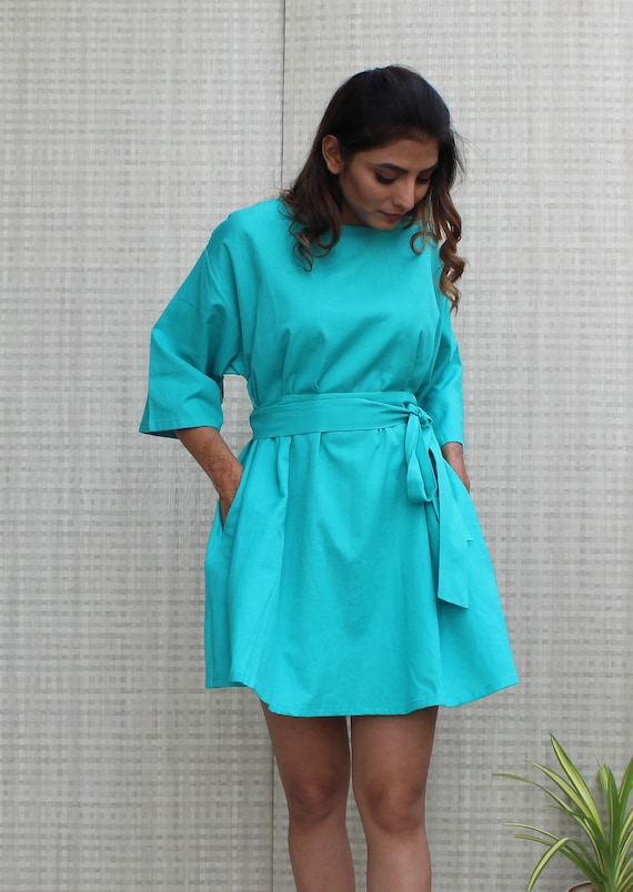 Linen Tunic Dress With Belt, Trapeze Linen Dress, Midi Linen Dress