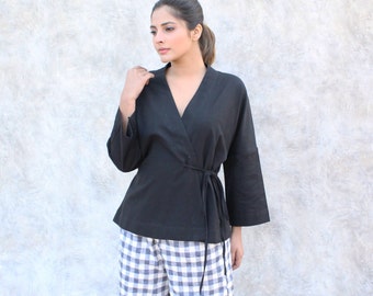 Linen Kimono Wrap Top,  Black Linen top,  Linen Top,  Linen Blouse,  Linen Clothing,  Linen Tunic Tops,  vintage linen blouse