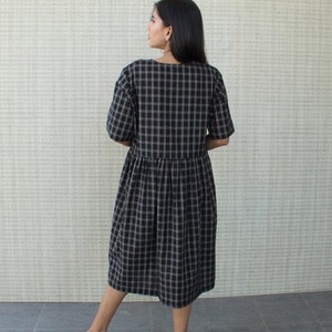 Black checkered classic minimal  half sleeves soft linen cotton blend dress with functional buttons comfortable sundowner nursing friendly