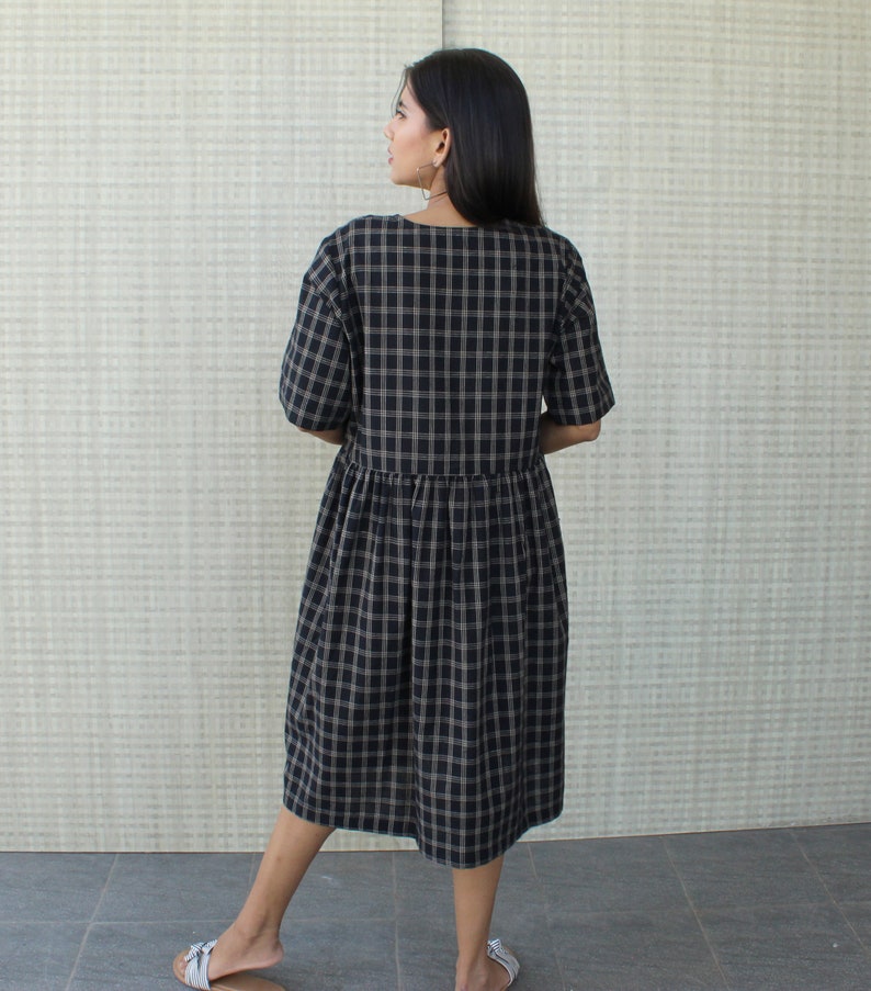 Black checkered classic minimal  half sleeves soft linen cotton blend dress with functional buttons comfortable sundowner nursing friendly