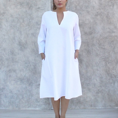 White Linen Shift Dress, Split Neck Classic Linen Midi Dress, Versatile Summer A-line Dress, Comfy Linen Work Dress, Minimal Gift For Friend