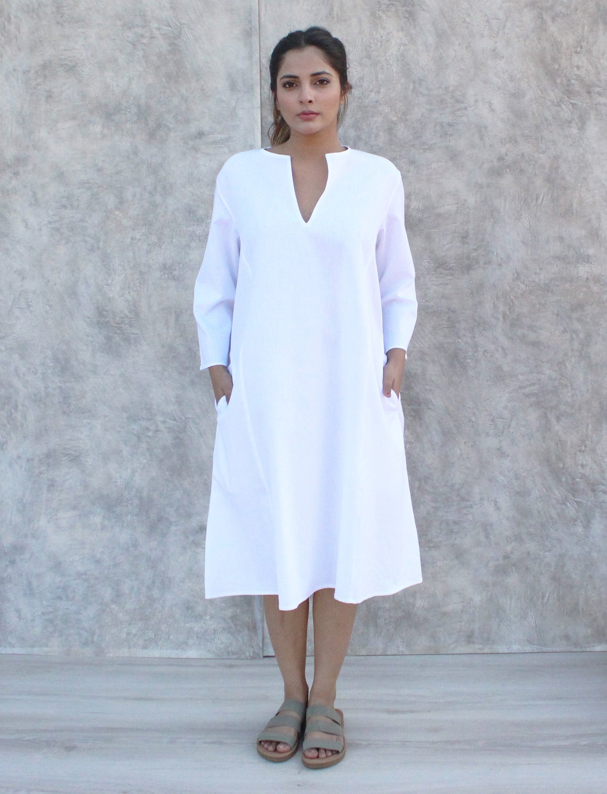 White Linen Dress Linen Shift Dress Split neck dress | Etsy