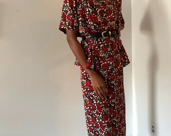 80s Floral tropical skirt with side pockets and back split in pink size 12 for Women by Pure Argenti Vintage work Clothes B1-2026