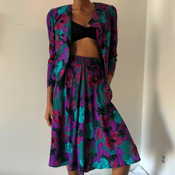 Vintage Purple Floral Two Piece Blazer Skirt Set X