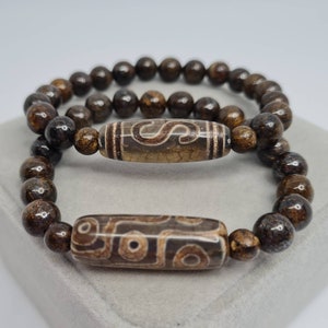 Agate Tibetan Dzi bead bracelet with Bronzite stone beads Lucky amulet for gift