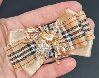 Beige ribbon brooch Gold tone bee brooch pin Womens necktie
