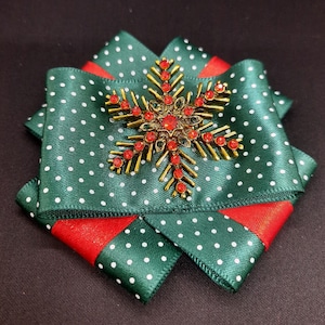 Green and red ribbon bow tie brooch with bronze tone metal and red glass rhinestones pin Christmas gift for sister