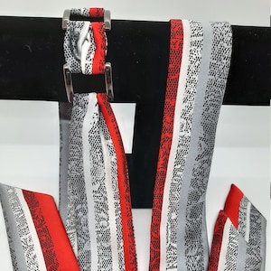 Lace print silk wrap bracelet Handmade silk ribbon gray, red, and white color Italian gloss silk hair band Gift idea for women