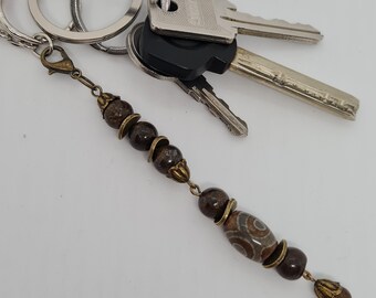 Gemstone keychain pendant Tibetan Dzi bead talisman Brown Bronzite beads pendant