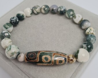 Tibetan DZI Agate Bracelet: Moss Jasper Beads, Talisman Gift