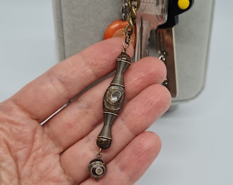 Tibetan Dzi Agate Keychain: Bronzite Stone Pendant Talisman