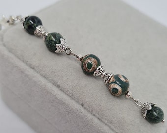 Keychain stone pendant Tibetan Dzi bead amulet Green Jasper beads pendant