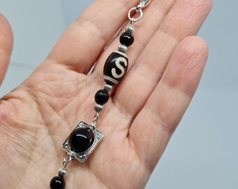 Dzi Bead Keychain: Black Onyx & Silver Tone Talisman