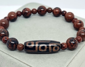 Agate Tibetan Dzi bead bracelet with Red Obsidian stone beads Lucky amulet for gift