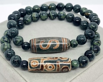 Agate Tibetan Dzi bead bracelet with "Kambaba" Jasper stone beads Lucky amulet for gift