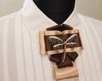 Dragonfly Rhinestone Pin: Brown Polka Dot Satin Ribbon Brooch