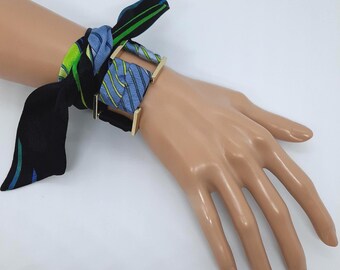 Handmade Silk Wrap Bracelet: Italian Fabric, Gold Buckle - Black Blue Green