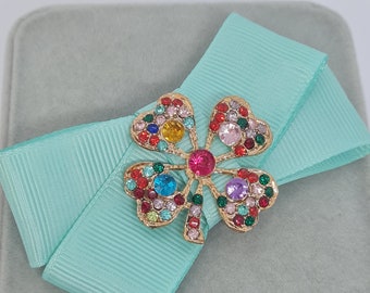 St. Patrick's Day Ribbon Brooch: Rhinestone Clover Pin