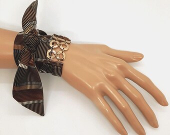 Brown Silk Satin Ribbon Bracelet: Gold Buckle Scarf Wrap