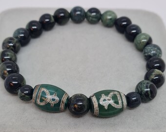 Tibetan DZI Bead Bracelet: God of Wealth, Green Agate & Kambaba Jasper