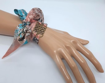 Sakura Print Silk Wrap Bracelet: Pink & Blue Ribbon with Bronze Buckles