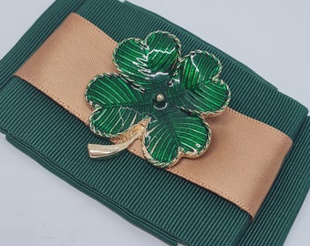 St. Patrick's Day Ribbon Brooch: Green Grosgrain Clover Pin