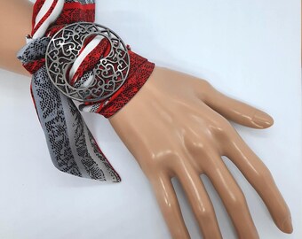 Italian Silk Scarf Bracelet: Red & Gray Lace Print with Buckle