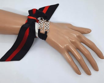 Italian Silk Wrap Bracelet: Black & Red Scarf with Silver Buckles