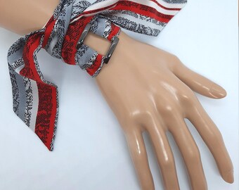 Red & Gray Lace Print Silk Wrap Bracelet: Italian Silk Scarf Headband