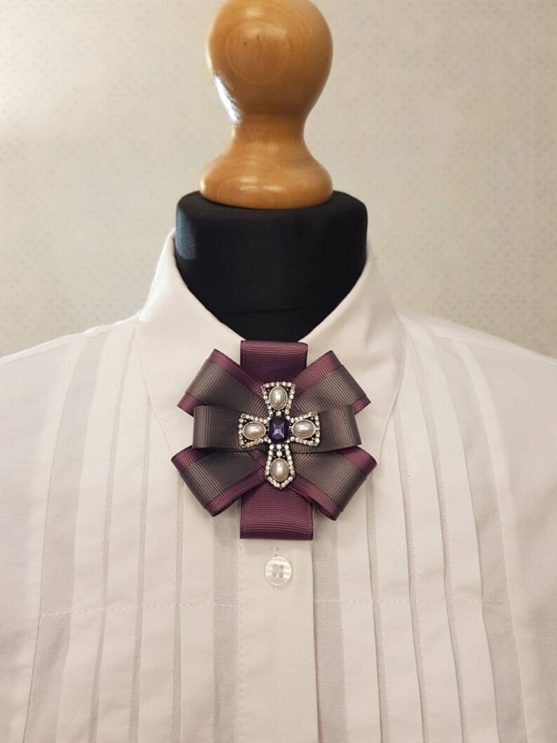 Purple ribbon brooch Grey womens necktie Cross brooch pin