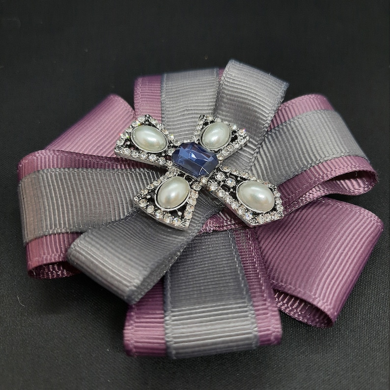 Purple ribbon brooch Grey womens necktie Cross brooch pin
