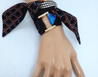 Handmade Italian Silk Wrap Bracelet: Black & Multicolor Ribbon, Gold Buckles