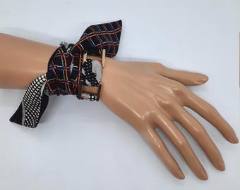 Handmade Italian Silk Wrap Bracelet: Black Multicolor Ribbon, Gold Buckles