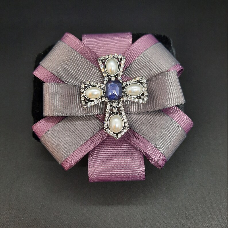 Purple ribbon brooch Grey womens necktie Cross brooch pin