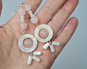 Rose Quartz Dangle Earrings: Sterling Silver & Mother of Pearl