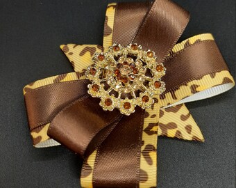 Animal Print Ribbon Bow Brooch: Gold-Tone Rhinestone Pin