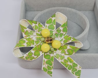 St. Patrick's Day Ribbon Brooch: Clover Bow Tie with Glass Beads