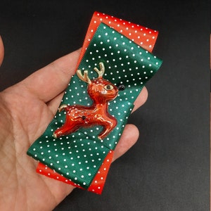 Christmas ribbon brooch Green and red satin ribbon with red enamel baby deer pin