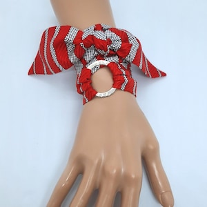 Silk wrist bracelet Italian silk headband with silver-tone round buckle Red scarf wrap bracelet